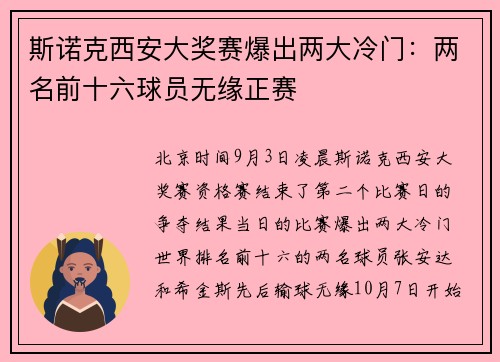 斯诺克西安大奖赛爆出两大冷门：两名前十六球员无缘正赛